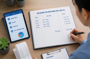 Nhân viên ghi sổ doanh thu bán hàng bên máy tính bảng báo cáo
